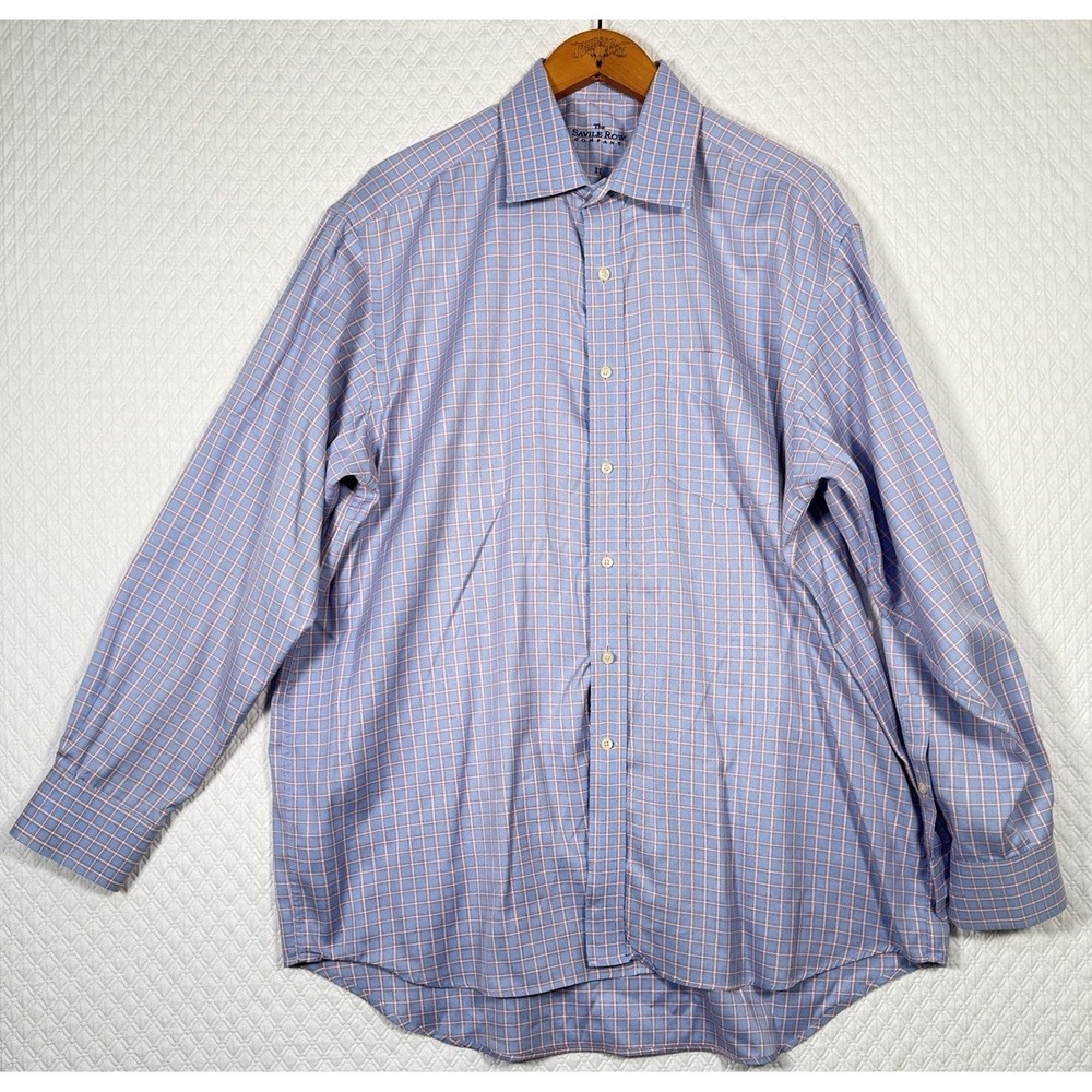 Savile Row Shirt Mens L 17  Button Up Check Blue Red Business Casual Shirt LS‎